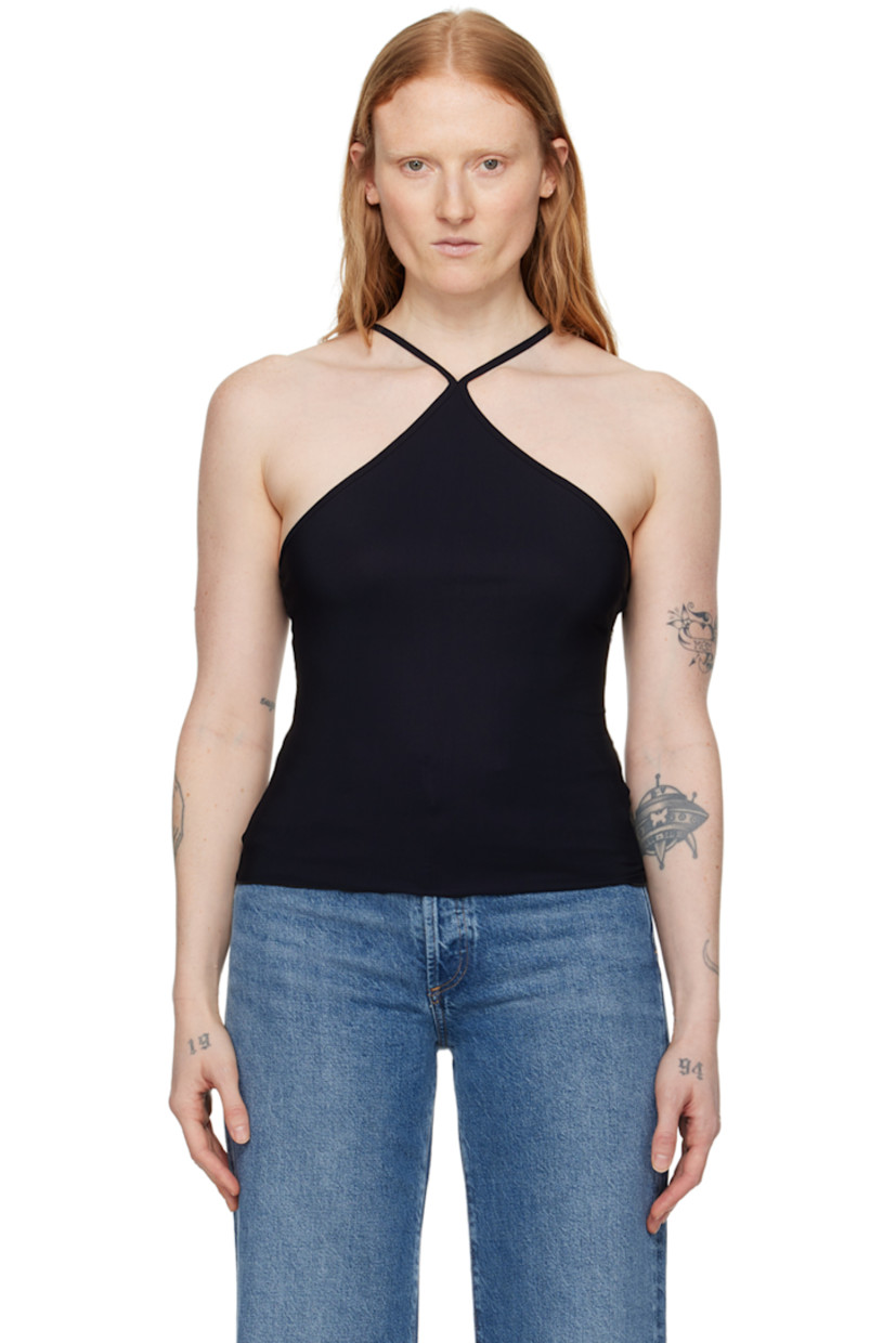 Stretch nylon jersey tank top.

· Single-shoulder construction
· Lettuce edge hem 
· Open back
· Fixed spaghetti straps

Supplier color: Black