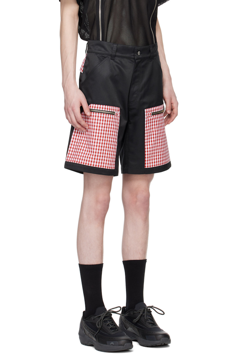 Polyester- and cotton-blend satin shorts. Gingham pattern throughout. 

· Paneled construction
· Belt loops 
· Four-pocket styling 
· Zip-fly 
· Zip pockets at front 
· Logo bonded at back cuff 

Supplier color: Black/Red gingham