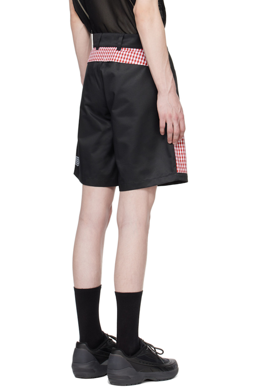 Polyester- and cotton-blend satin shorts. Gingham pattern throughout. 

· Paneled construction
· Belt loops 
· Four-pocket styling 
· Zip-fly 
· Zip pockets at front 
· Logo bonded at back cuff 

Supplier color: Black/Red gingham