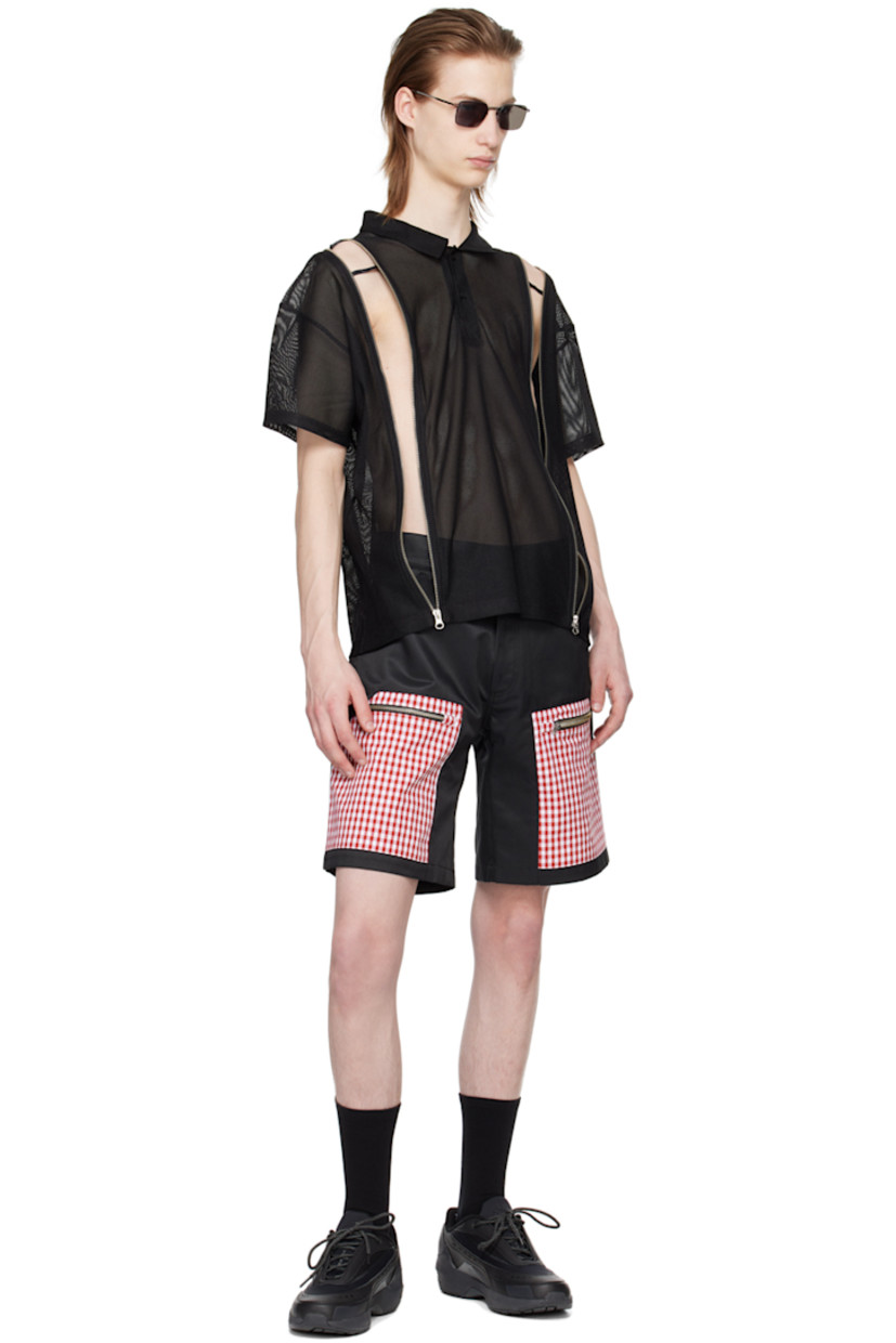 Polyester- and cotton-blend satin shorts. Gingham pattern throughout. 

· Paneled construction
· Belt loops 
· Four-pocket styling 
· Zip-fly 
· Zip pockets at front 
· Logo bonded at back cuff 

Supplier color: Black/Red gingham