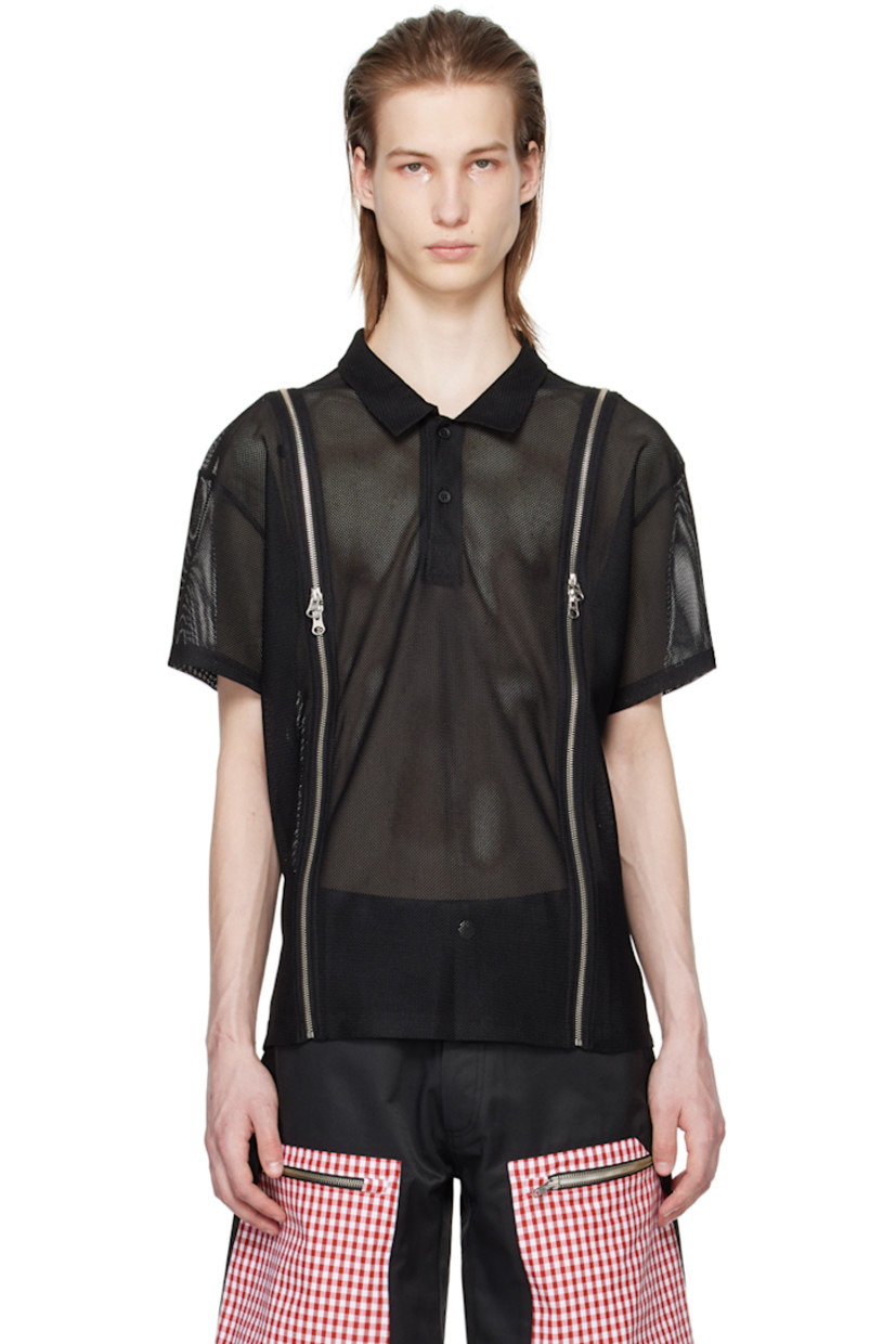 Semi-sheer polyester mesh polo. Zip vents throughout.

· Spread collar 
· Two-button placket 
· Inset grosgrain straps at shoulders

Supplier color: Black mesh