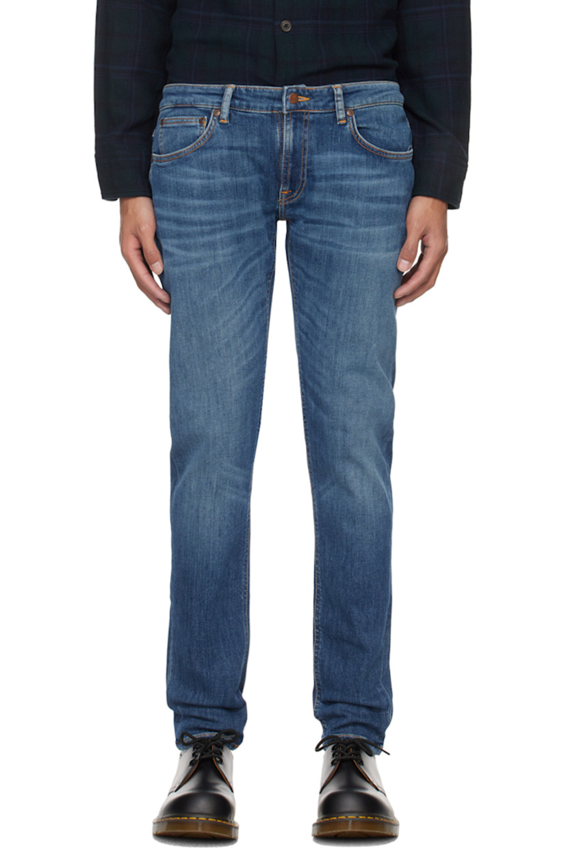 Skinny-fit stretch 12.5 oz organic cotton denim jeans. Fading and whiskering throughout. 

· GOTS-, FSC-, and GRS-certified
· Low-rise
· Belt loops
· Five-pocket styling
· Zip-fly
· Jacron logo patch at back waistband
· Logo flag at back pocket
· Logo-engraved antiqued copper-tone hardware
· Contrast stitching in orange

Supplier color: Dark blue navy
