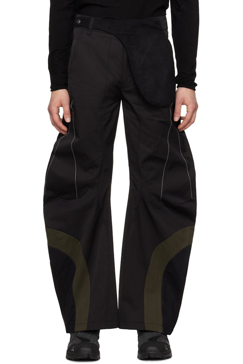 Flared polyester- and cotton-blend twill trousers.

· Belt loops and integrated faux-suede pouch
· Four-pocket styling
· Zip-fly
· Faux-suede, mesh, and canvas panel at cuffs
· Contrast stitching in white

Supplier color: Black