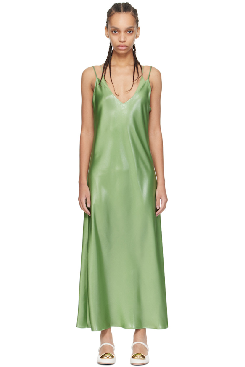 Lightweight polyester- and recycled polyester-blend satin dress. Metallic thread detailing throughout.

· Layered construction
· Plunging V-neck
· Fixed spaghetti straps

Supplier color: Open green
