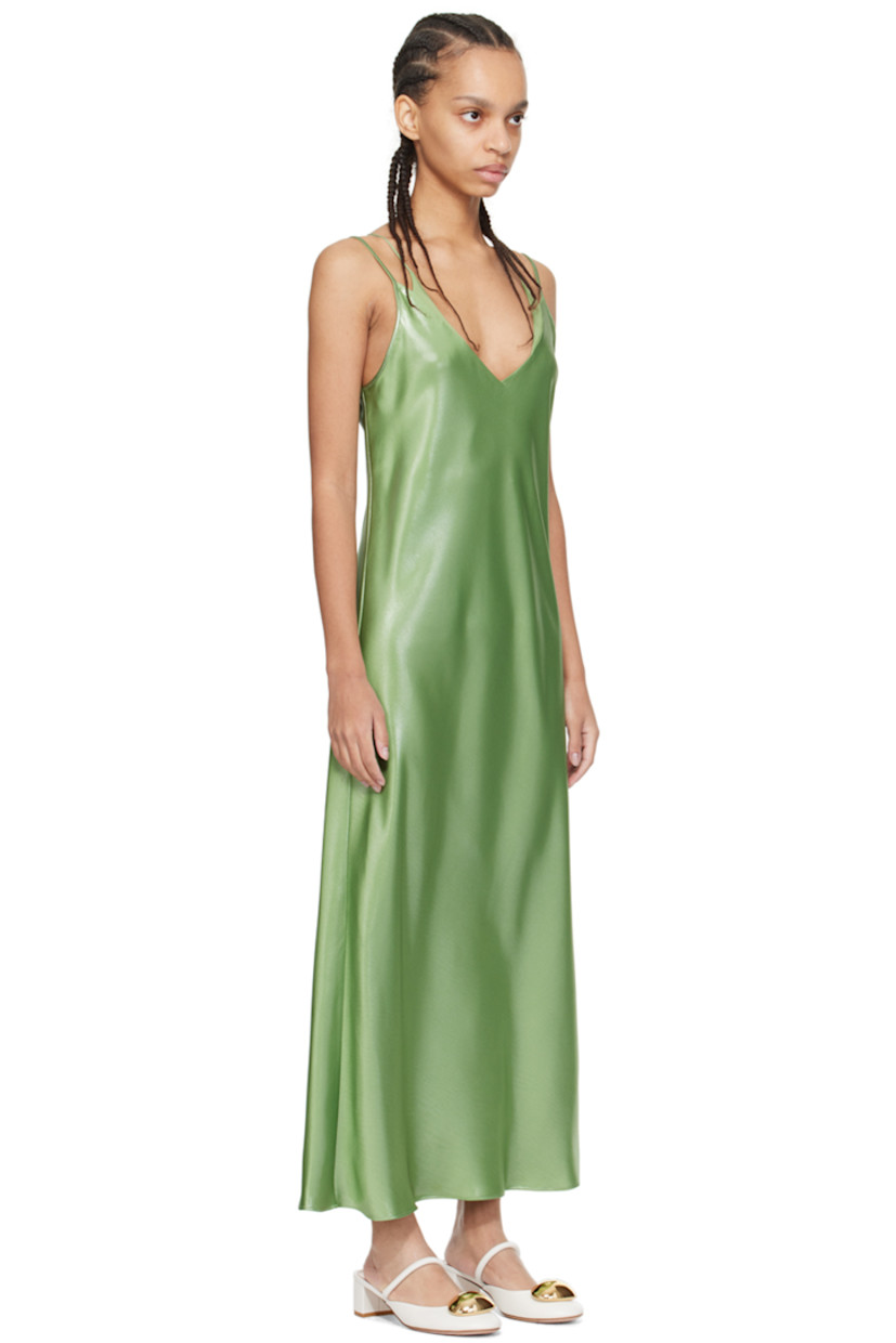 Lightweight polyester- and recycled polyester-blend satin dress. Metallic thread detailing throughout.

· Layered construction
· Plunging V-neck
· Fixed spaghetti straps

Supplier color: Open green