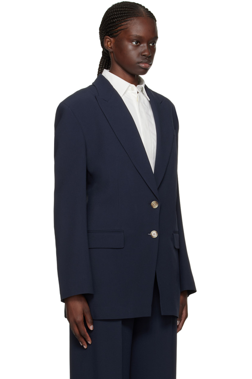 Plain-woven acetate- and viscose-blend blazer.

· Notched lapel
· Two-button closure
· Welt pocket
· Darts at waist
· Flap pockets
· Padded shoulders
· Adjustable cinch strap and cutout at back
· Partially elasticized back waistband
· Partial satin lining

Supplier color: Dark blue