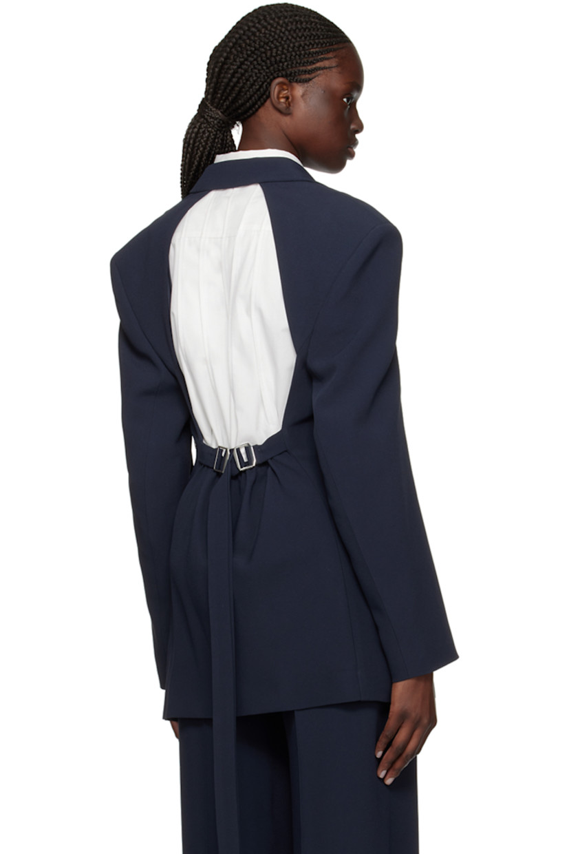 Plain-woven acetate- and viscose-blend blazer.

· Notched lapel
· Two-button closure
· Welt pocket
· Darts at waist
· Flap pockets
· Padded shoulders
· Adjustable cinch strap and cutout at back
· Partially elasticized back waistband
· Partial satin lining

Supplier color: Dark blue