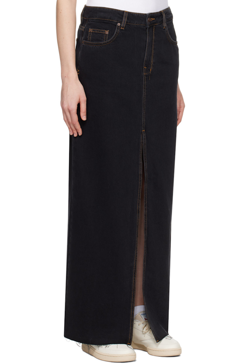 Lightweight non-stretch denim skirt.

· Low-rise
· Belt loops 
· Five-pocket styling 
· Zip-fly 
· Central vent at front 
· Raw edge at hem 
· Embroidered graphics at back 
· Removable textile tag at back pocket
· Logo-engraved bronze-tone hardware
· Contrast stitching in tan 

Supplier color: Black