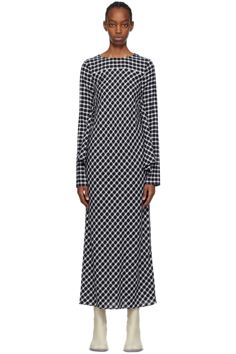 Bias-cut brushed wool- and nylon-blend twill dress. Check pattern throughout. 

· Paneled construction
· Round neck
· Gathering and self-tie trim at front
· Zip closure at back collar

Supplier color: Optic white/Black