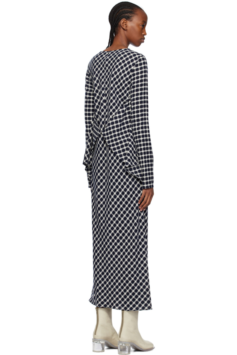 Bias-cut brushed wool- and nylon-blend twill dress. Check pattern throughout. 

· Paneled construction
· Round neck
· Gathering and self-tie trim at front
· Zip closure at back collar

Supplier color: Optic white/Black