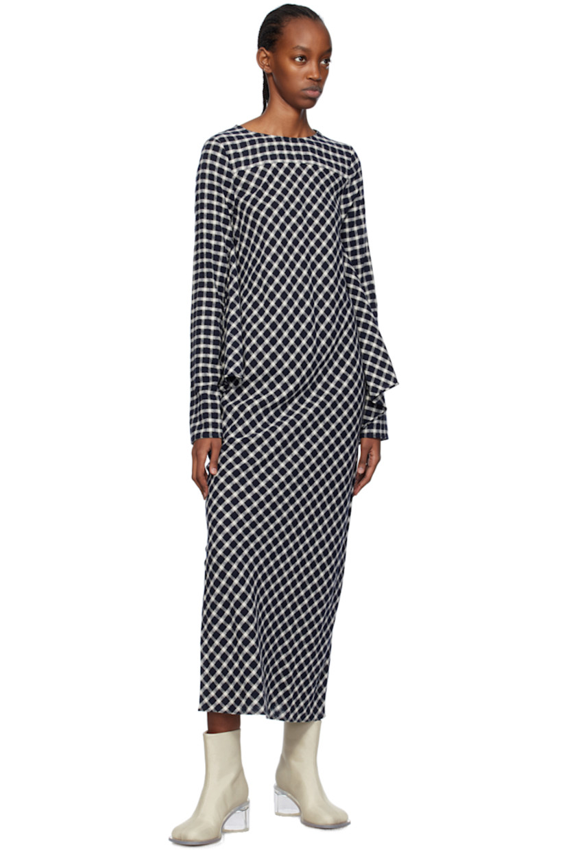Bias-cut brushed wool- and nylon-blend twill dress. Check pattern throughout. 

· Paneled construction
· Round neck
· Gathering and self-tie trim at front
· Zip closure at back collar

Supplier color: Optic white/Black