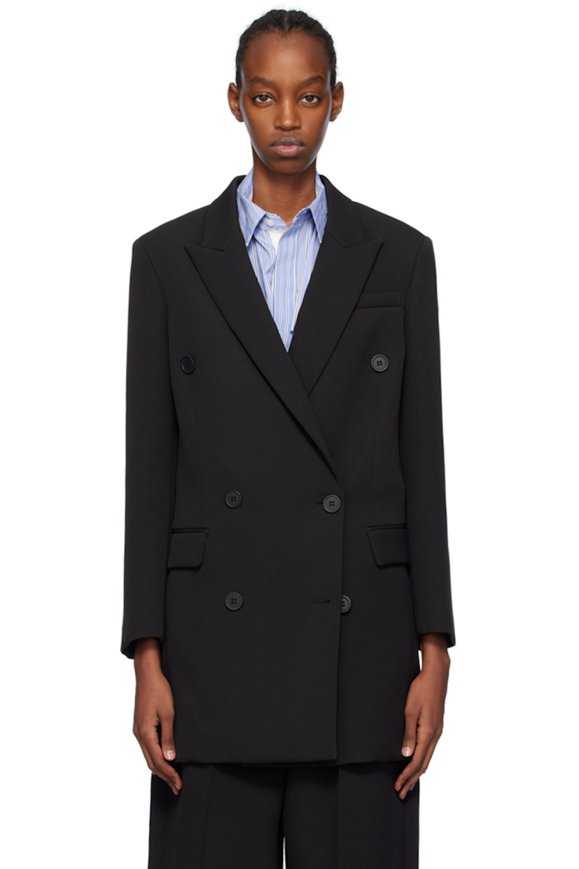 Lyocell twill blazer.

· Peaked lapel
· Double-breasted button closure
· Welt pocket at chest and interior
· Flap pockets
· Padded shoulders
· Four-button surgeon's cuffs 
· Full twill lining

Supplier color: Black