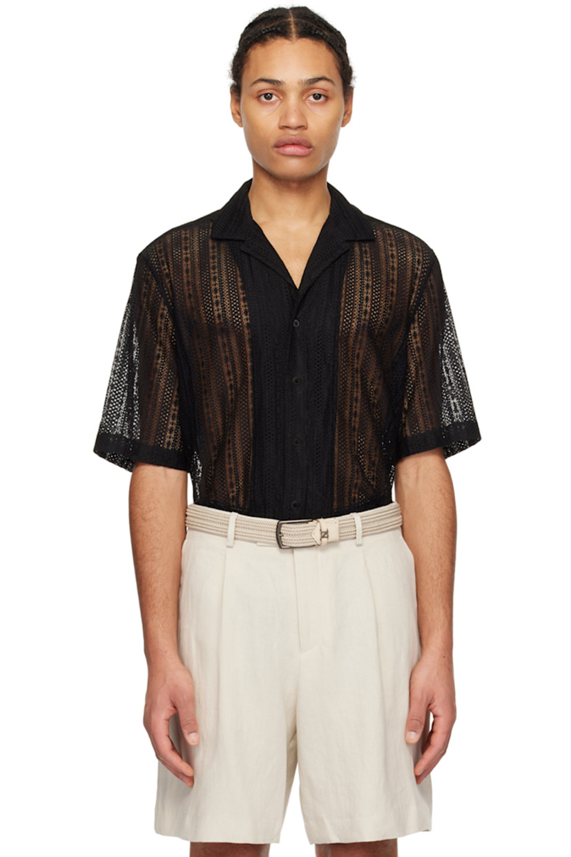 Semi-sheer stretch nylon macramé shirt.

· Open spread collar
· Button closure

Supplier color: Black