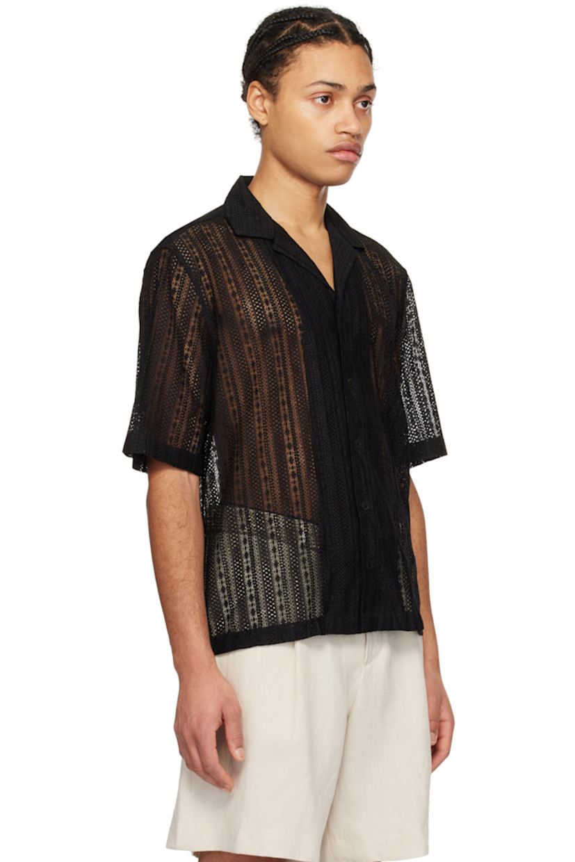 Semi-sheer stretch nylon macramé shirt.

· Open spread collar
· Button closure

Supplier color: Black
