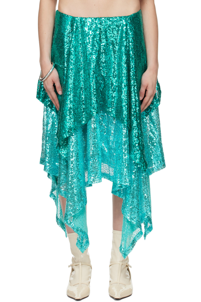 Sequinned polyester mesh skirt. 

· Tiered construction
· Handkerchief hem
· Concealed zip closure at back 
· Partial broadcloth lining

Supplier color: Blue/Green