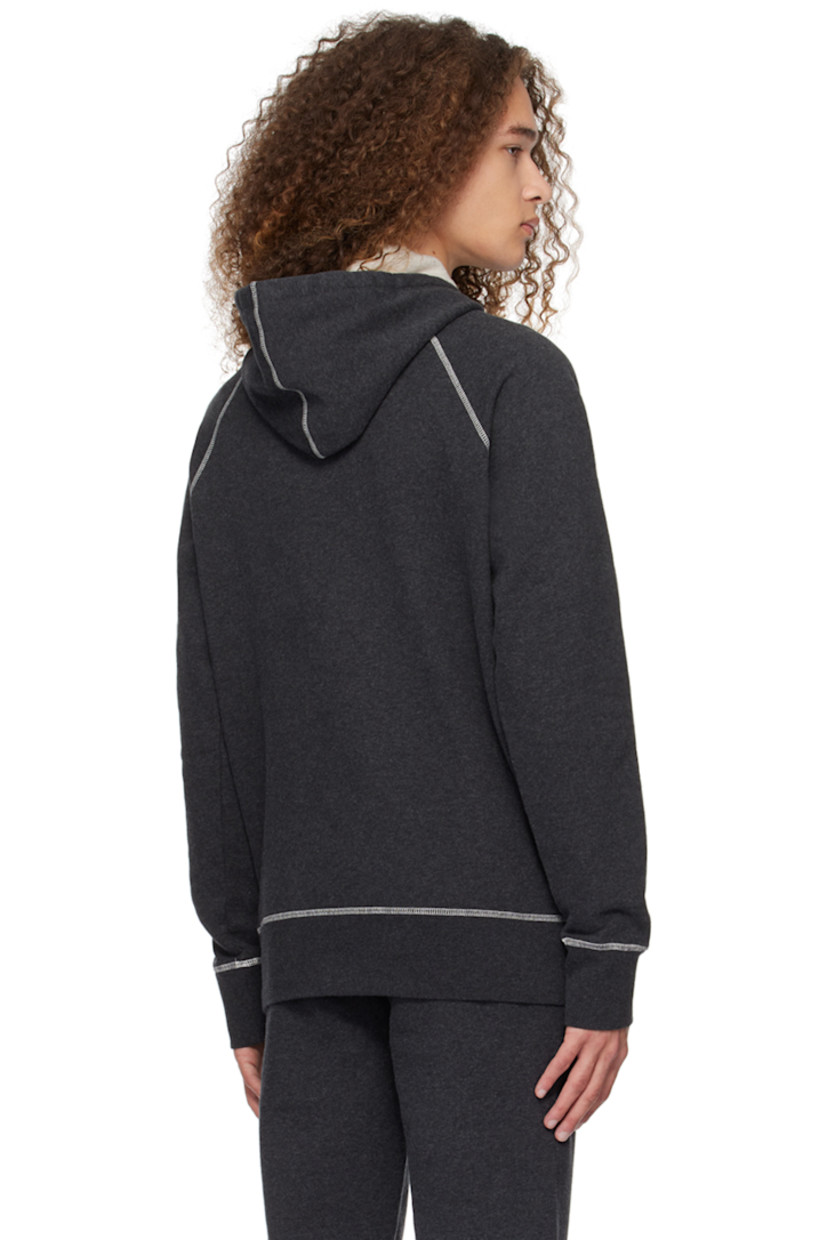 Cotton fleece hoodie. 

· Drawstring at hood
· Rib knit hem and cuffs
· Raglan sleeves
· Contrast overlock stitching in white

Supplier color: Charcoal melange