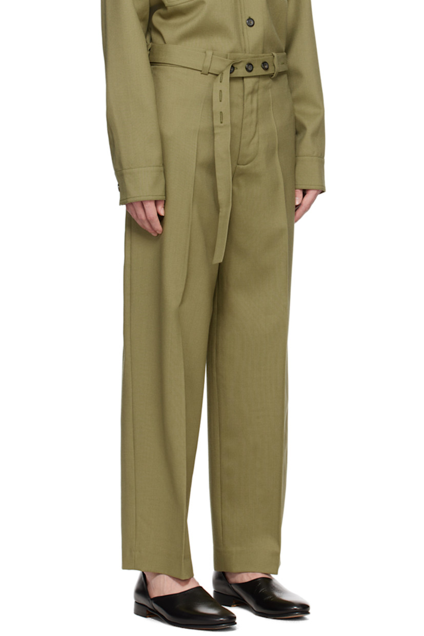 Wide-leg basket-woven virgin wool trousers.

· Belt loops and detachable button belt
· Four-pocket styling
· Zip-fly
· Creased legs 

Supplier color: Sage