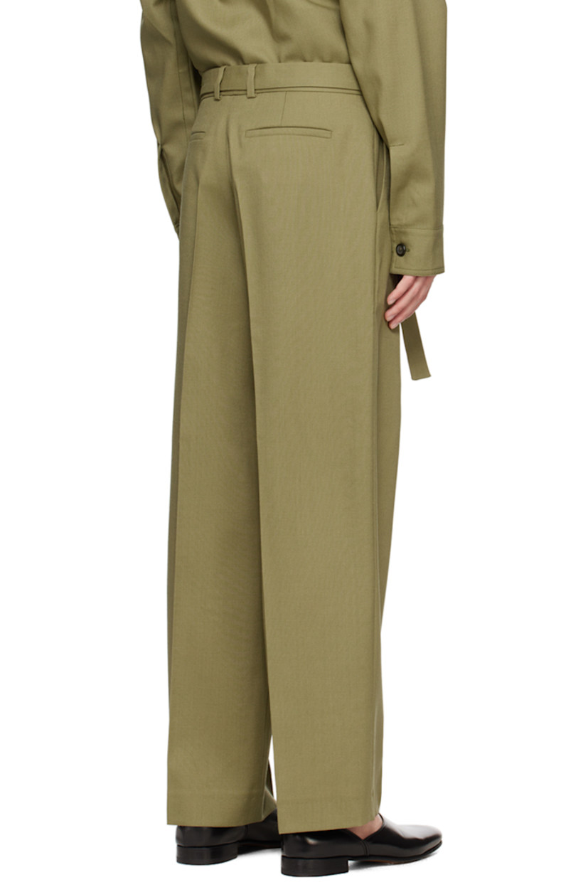 Wide-leg basket-woven virgin wool trousers.

· Belt loops and detachable button belt
· Four-pocket styling
· Zip-fly
· Creased legs 

Supplier color: Sage
