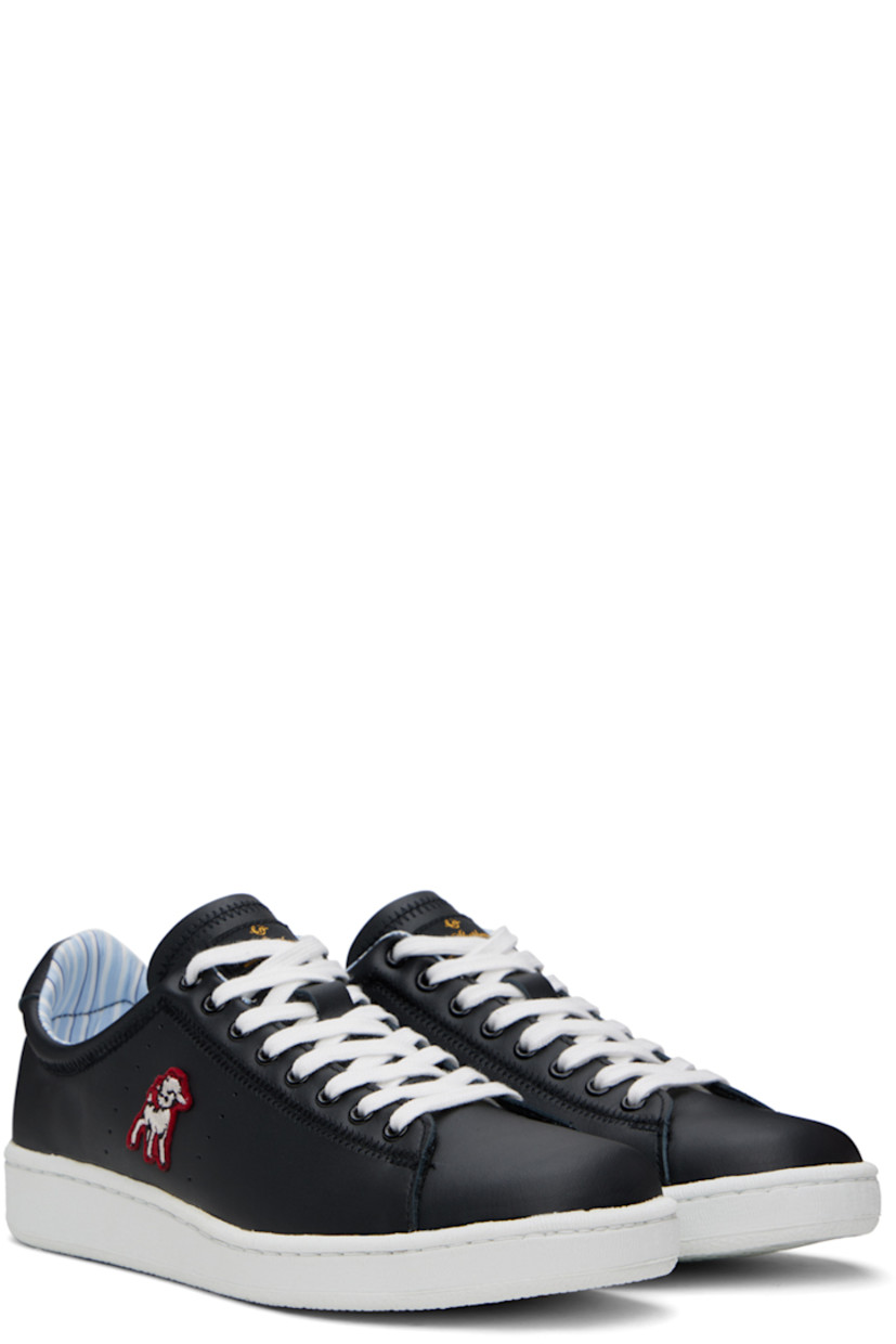 Low-top buffed leather sneakers in black.

· Lace-up closure
· Logo patch at padded tongue
· Padded collar
· Perforated detailing at sides
· Embroidered graphic at outer side
· Logo printed at heel tab
· Pull-loop at heel counter
· Textured rubber midsole
· Treaded rubber sole

Supplier color: Black