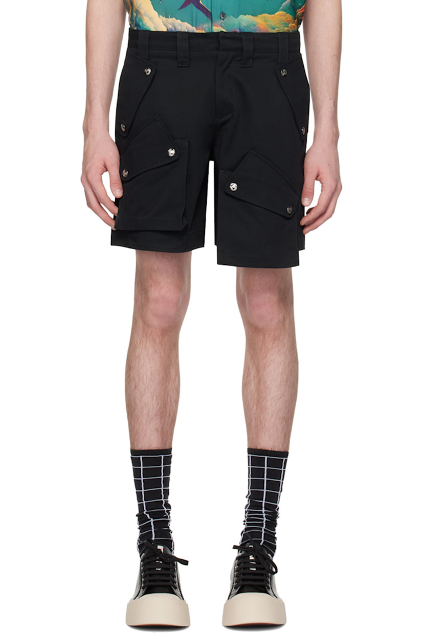 Cotton twill shorts. 

· Belt loops 
· Four-pocket styling 
· Press-stud cargo pockets at front 
· Distressed silver-tone hardware 

Supplier color: Black