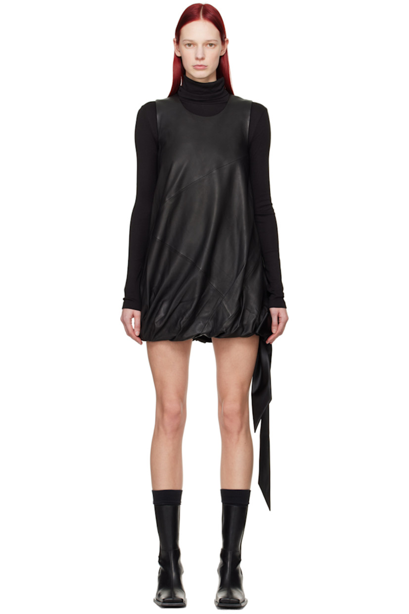 Grained nappa lambskin dress. 

· Crewneck
· Ballooned hem
· Self-tie satin sash at side seam
· Concealed zip closure at back
· Full viscose twill lining

Supplier color: Black