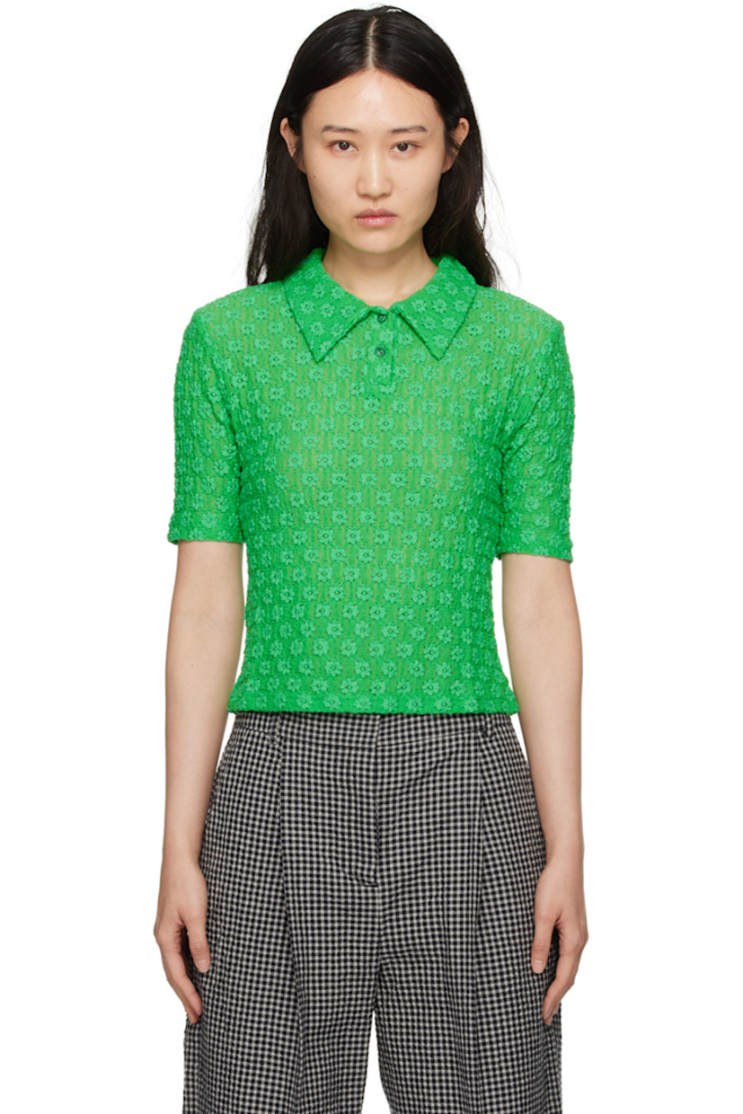 Plain-woven stretch nylon- and cotton-blend polo. Shirring and broderie anglaise detailing throughout. 

·� Spread collar
· Two-button placket

Supplier color: Green