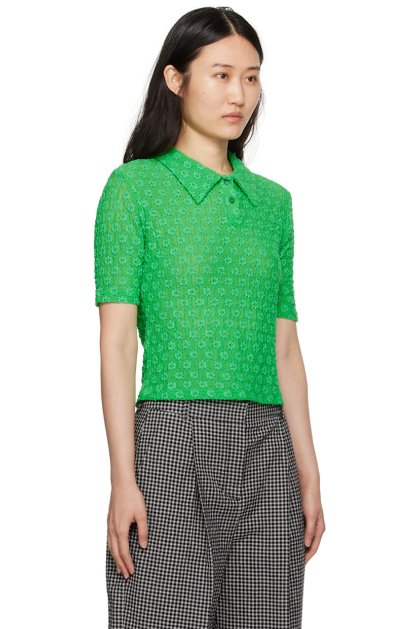 Plain-woven stretch nylon- and cotton-blend polo. Shirring and broderie anglaise detailing throughout. 

· Spread collar
· Two-button placket

Supplier color: Green