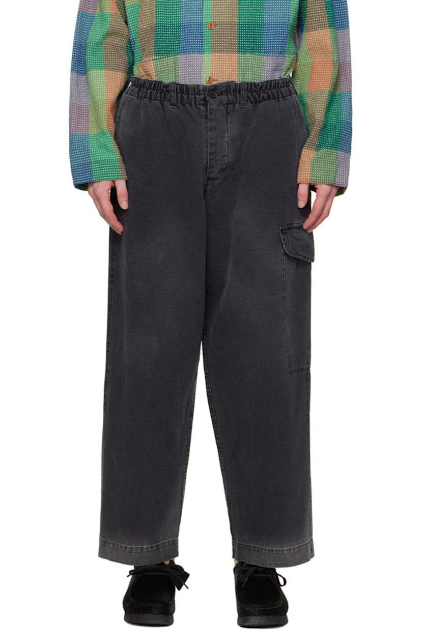 Plain-woven cotton- and linen-blend trousers. Fading throughout. 

· Drawstring at elasticized waistband
· Belt loops 
· Three-pocket styling 
· Button-fly 
· Cargo pocket at outseam

Supplier color: Black
