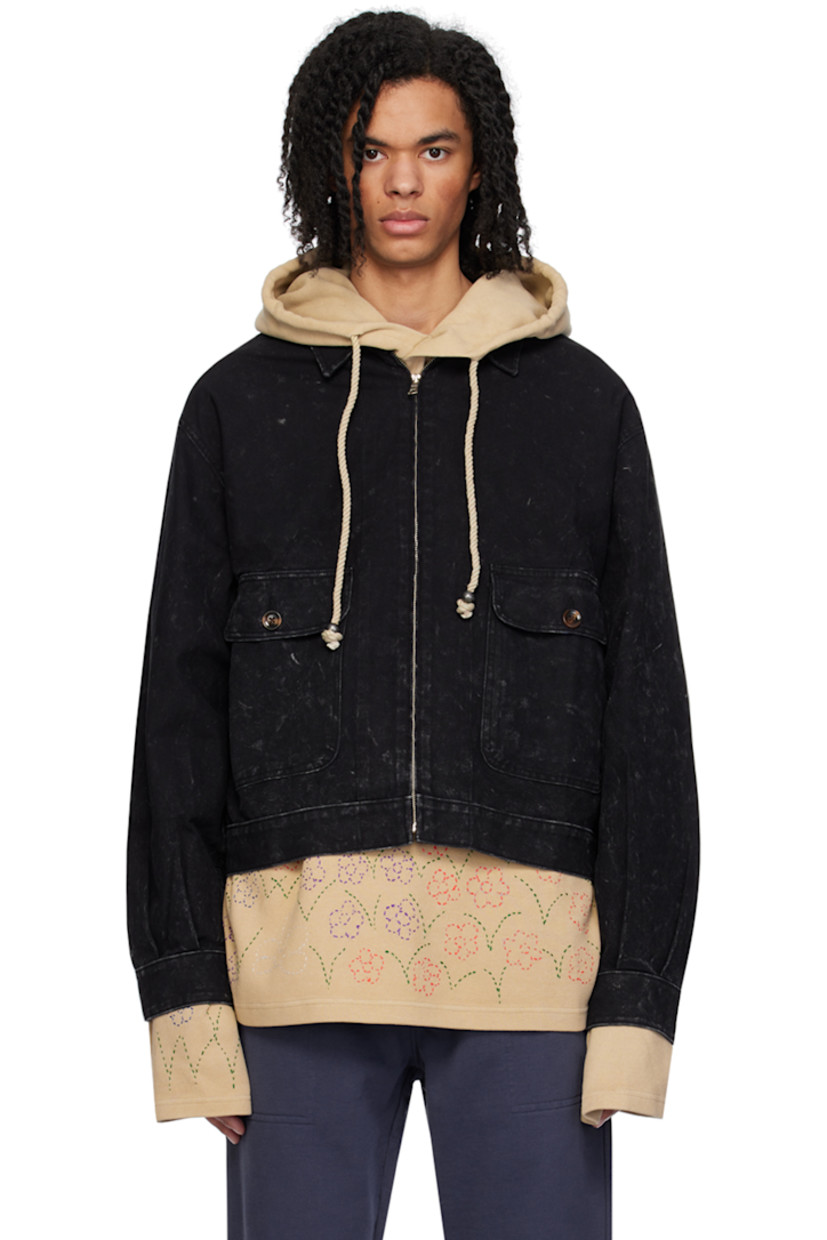 Handcrafted cotton canvas jacket. Fading throughout. 

· Spread collar
· Zip closure
· Flap pockets
· Elbow patches 
· Single-button barrel cuffs
· Pinched seams and graphic embroidered at back 
· Adjustable button tabs at back hem
· Partial flannel lining 

Supplier color: Black