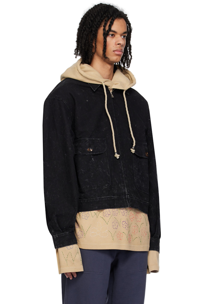 Handcrafted cotton canvas jacket. Fading throughout. 

· Spread collar
· Zip closure
· Flap pockets
· Elbow patches 
· Single-button barrel cuffs
· Pinched seams and graphic embroidered at back 
· Adjustable button tabs at back hem
· Partial flannel lining 

Supplier color: Black