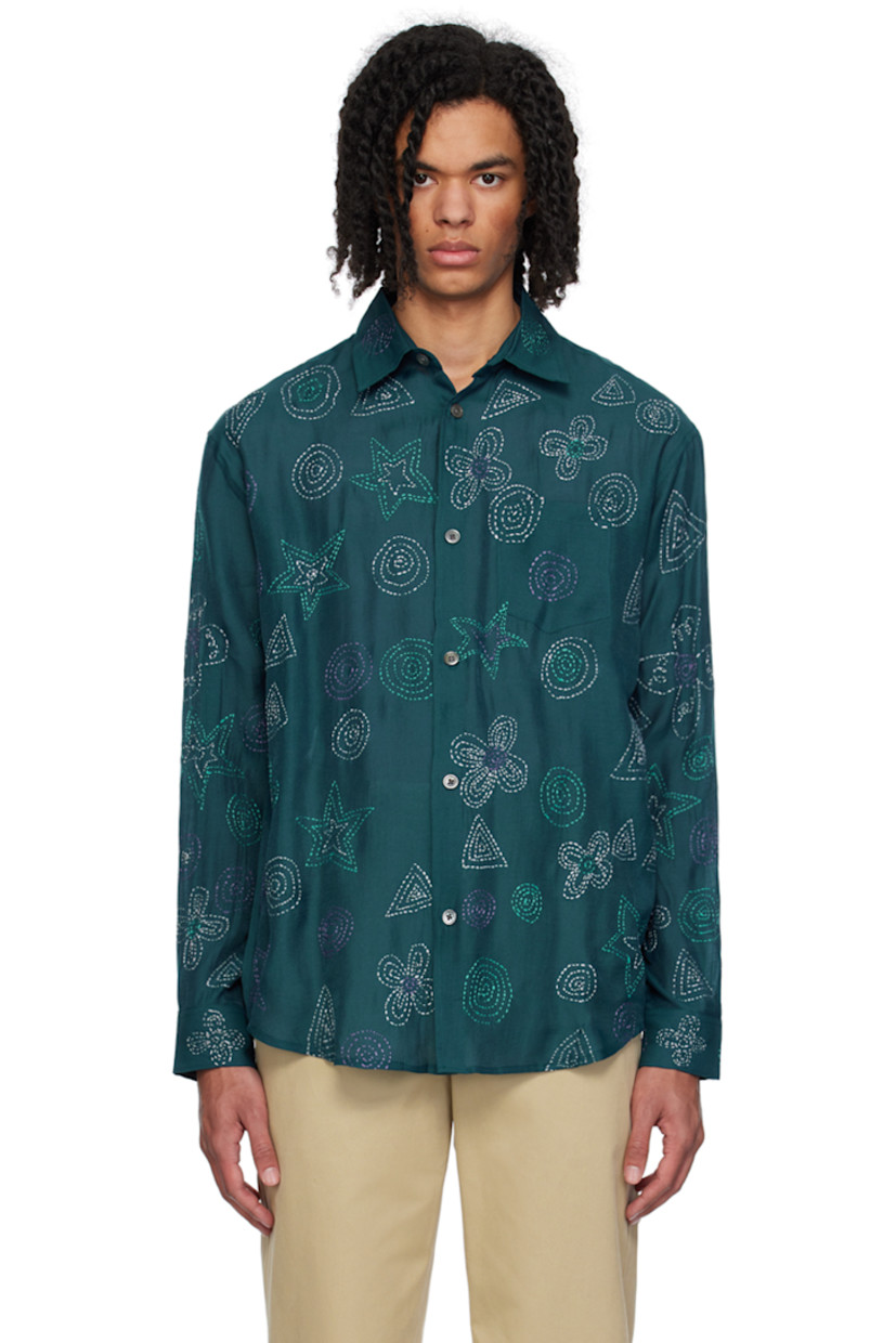 Handcrafted semi-sheer tencel crepon shirt. Graphics embroidered throughout.

· Spread collar
· Button closure
· Patch pocket 
· Dropped shoulders
· Single-button barrel cuffs
· Box pleat at back yoke

Supplier color: Dark Green/Maroon