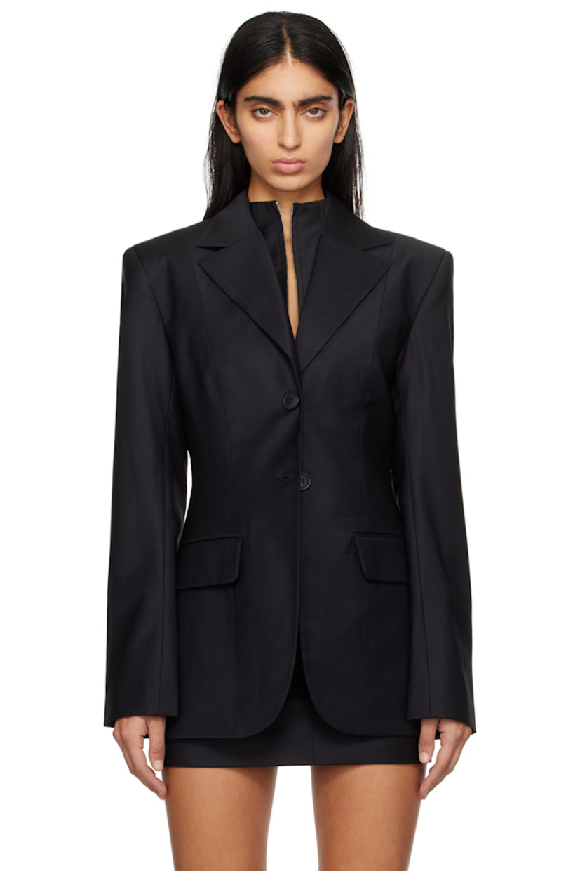 Stretch virgin wool-blend delaine blazer.

· Paneled construction
· Notched lapel
· Button closure
· Flap pockets
· Padded shoulders
· Five-button surgeon's cuffs
· Central vent at back hem
· Full satin lining

Supplier color: Black