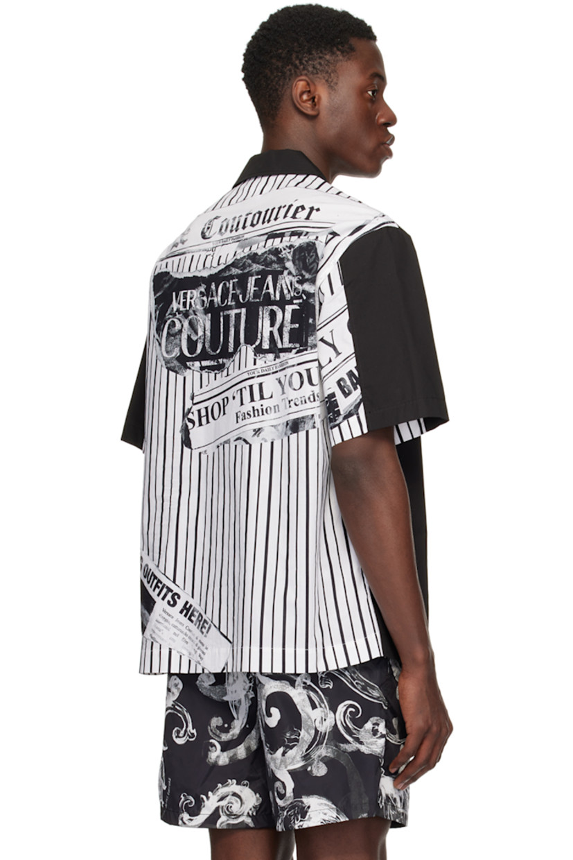 Cotton poplin shirt. 

· Paneled construction
· Open spread collar 
· Button closure
· Logo patch at patch pocket 
· Vented side seams 
· Logo graphic pattern and stripes printed at back

Supplier color: Black