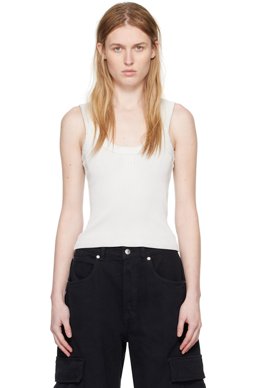 Rib knit stretch cotton tank top.

· Scoop neck
· Logo embossed at chest
· Cropped hem

Supplier color: Washed smoke