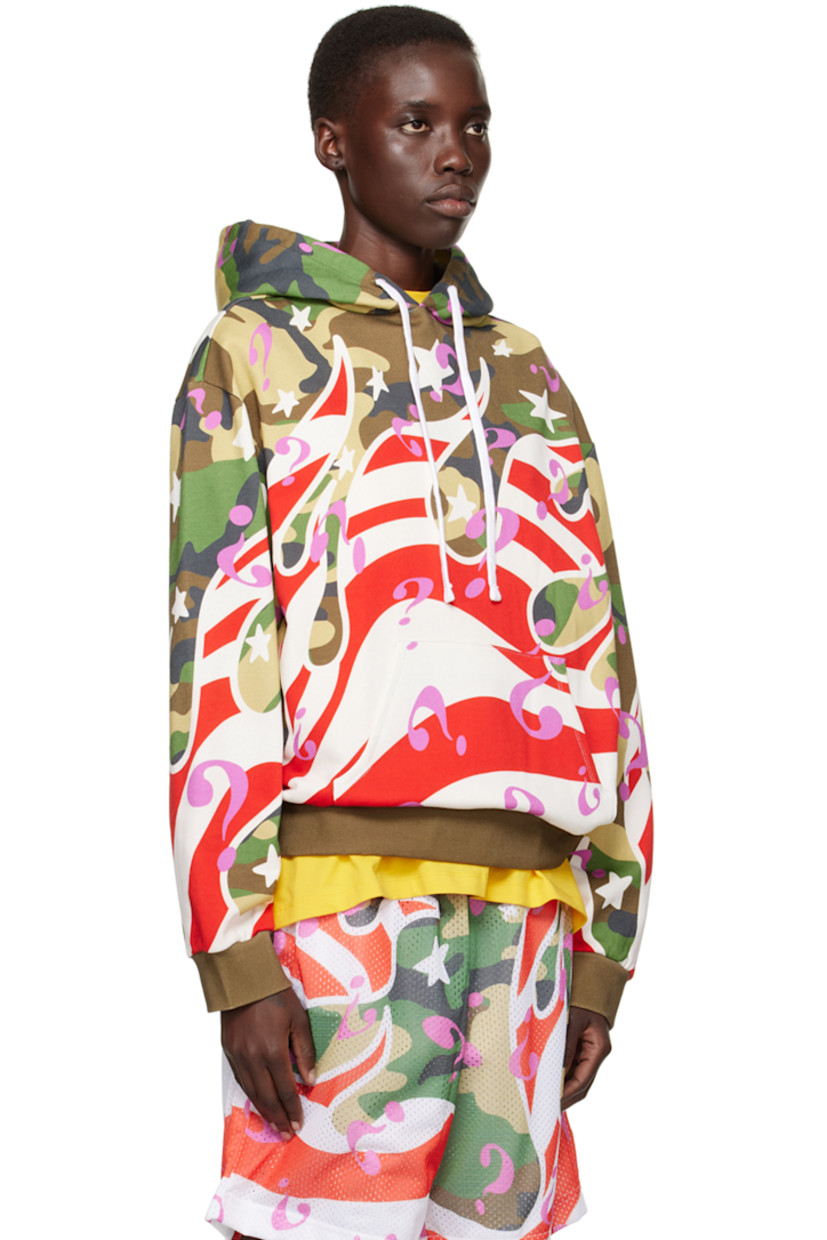 French terry hoodie. Camouflage and graphic pattern printed throughout.

· Drawstring at hood
· Kangaroo pocket
· Rib knit hem and cuffs
· Dropped shoulders

Supplier color: Khaki