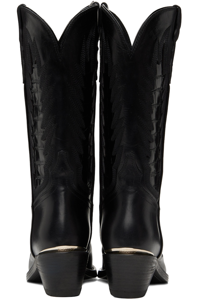 Handcrafted mid-calf vegetable-dyed buffed calfskin boots in black. 

· Pointed toe
· Embroidered detailing at vamp and sides
· Pull-loops at collar
· Inset croc-embossed calfskin panels at sides
· Logo plaque at heel counter
· Padded insole
· Stacked leather block heel with rubber injection
· Leather sole
· Heel: H2.25" 

Supplier color: Nero