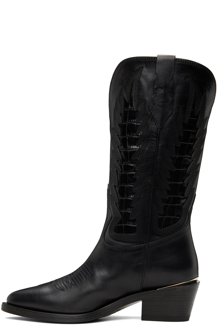 Handcrafted mid-calf vegetable-dyed buffed calfskin boots in black. 

· Pointed toe
· Embroidered detailing at vamp and sides
· Pull-loops at collar
· Inset croc-embossed calfskin panels at sides
· Logo plaque at heel counter
· Padded insole
· Stacked leather block heel with rubber injection
· Leather sole
· Heel: H2.25" 

Supplier color: Nero