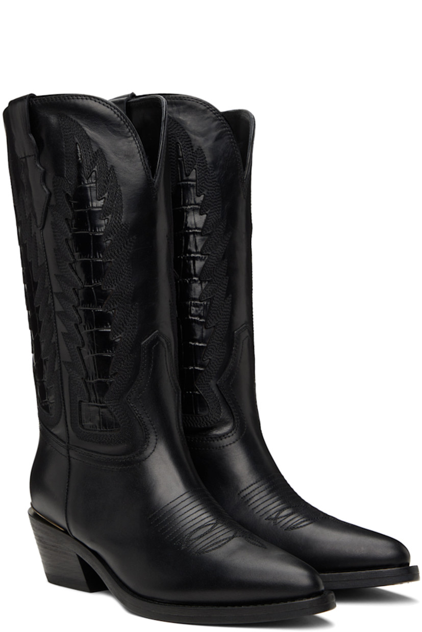 Handcrafted mid-calf vegetable-dyed buffed calfskin boots in black. 

· Pointed toe
· Embroidered detailing at vamp and sides
· Pull-loops at collar
· Inset croc-embossed calfskin panels at sides
· Logo plaque at heel counter
· Padded insole
· Stacked leather block heel with rubber injection
· Leather sole
· Heel: H2.25" 

Supplier color: Nero