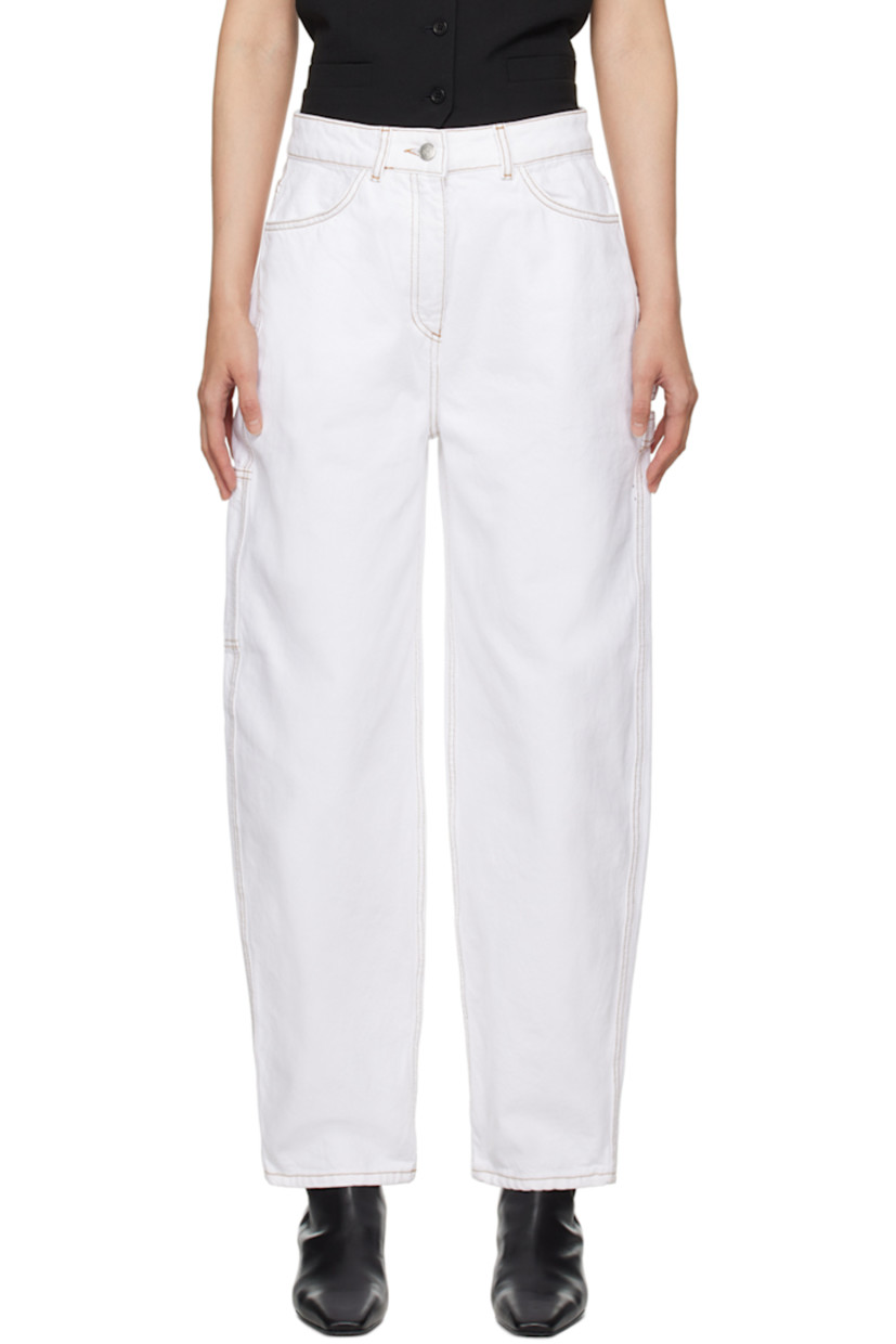 Wide-leg tapered non-stretch organic cotton denim jeans. 

· Belt loops 
· Four-pocket styling 
· Zip-fly 
· Hammer loops at outseam
· Patch pocket at outseam
· Croc-embossed leather pouch at back
· Contrast stitching in tan

Supplier color: White