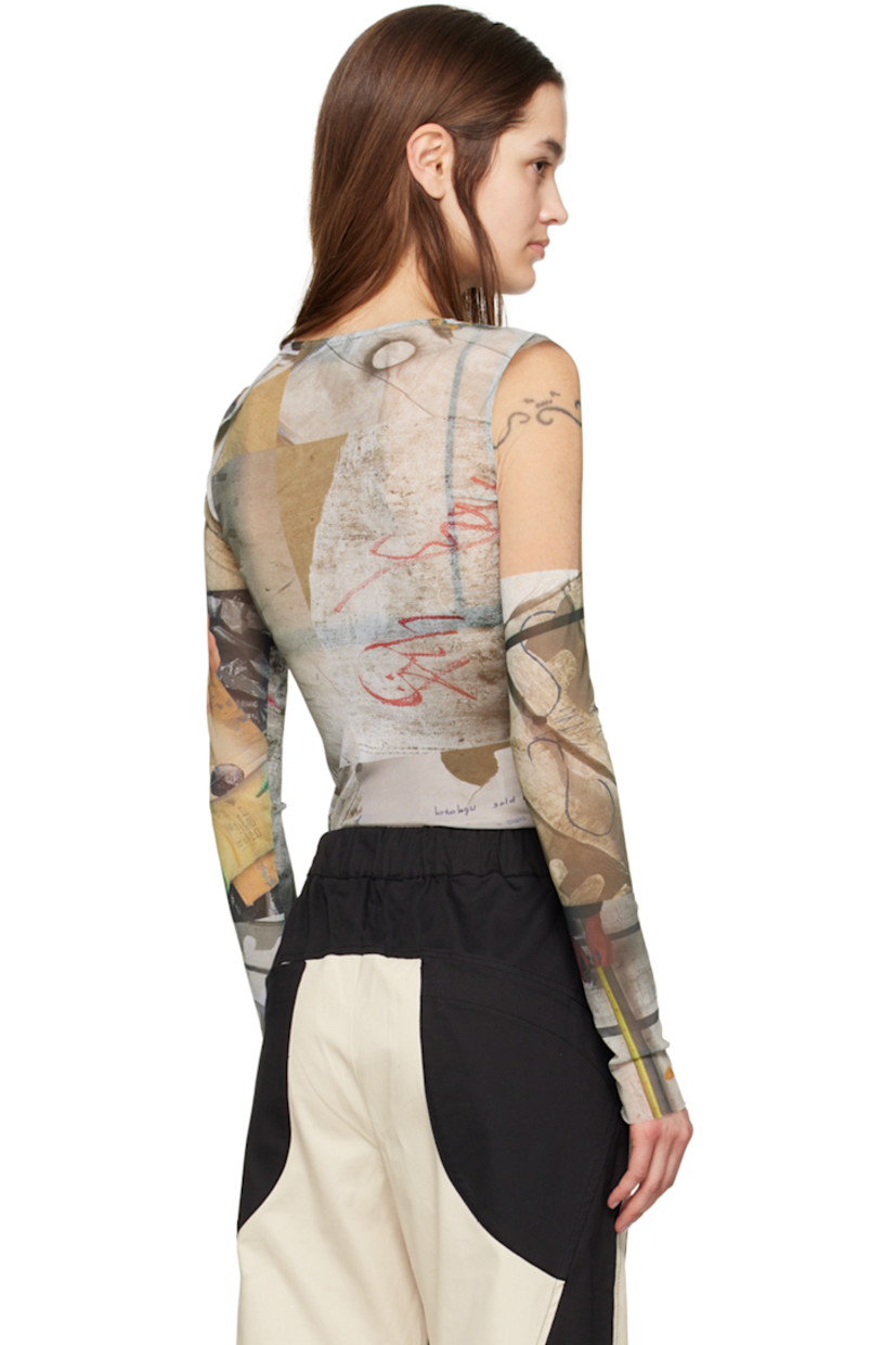 Semi-sheer stretch recycled polyester jersey T-shirt. Graphics printed throughout.

· Boat neck
· Raw edge at hem and cuffs

Supplier color: Canopy grid