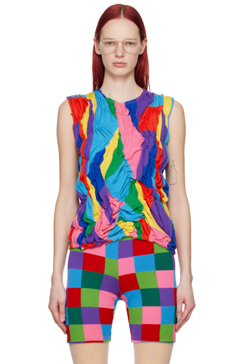 Knit acrylic- and wool-blend tank top. 

· Shirring and ruching throughout
· Raw edge at round neck, hem, and armscyes

Supplier color: Multi