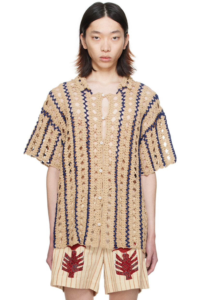 Hand-crocheted cotton shirt. Intarsia stripes and open-crocheted graphic pattern throughout.

· Spread collar
· Button closure

Supplier color: Tan