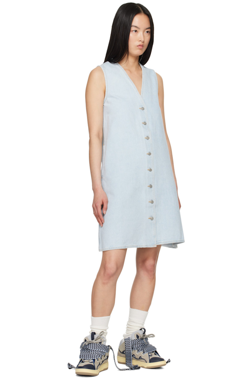 Non-stretch denim dress. Subtle distressing and fading throughout.

· Y-neck
· Button closure
· Logo embroidered at front hem
· Seam pockets
· Logo-engraved silver-tone hardware
· Contrast stitching in yellow

Part of the ERL x Levi's collaboration.

Supplier color: Blue