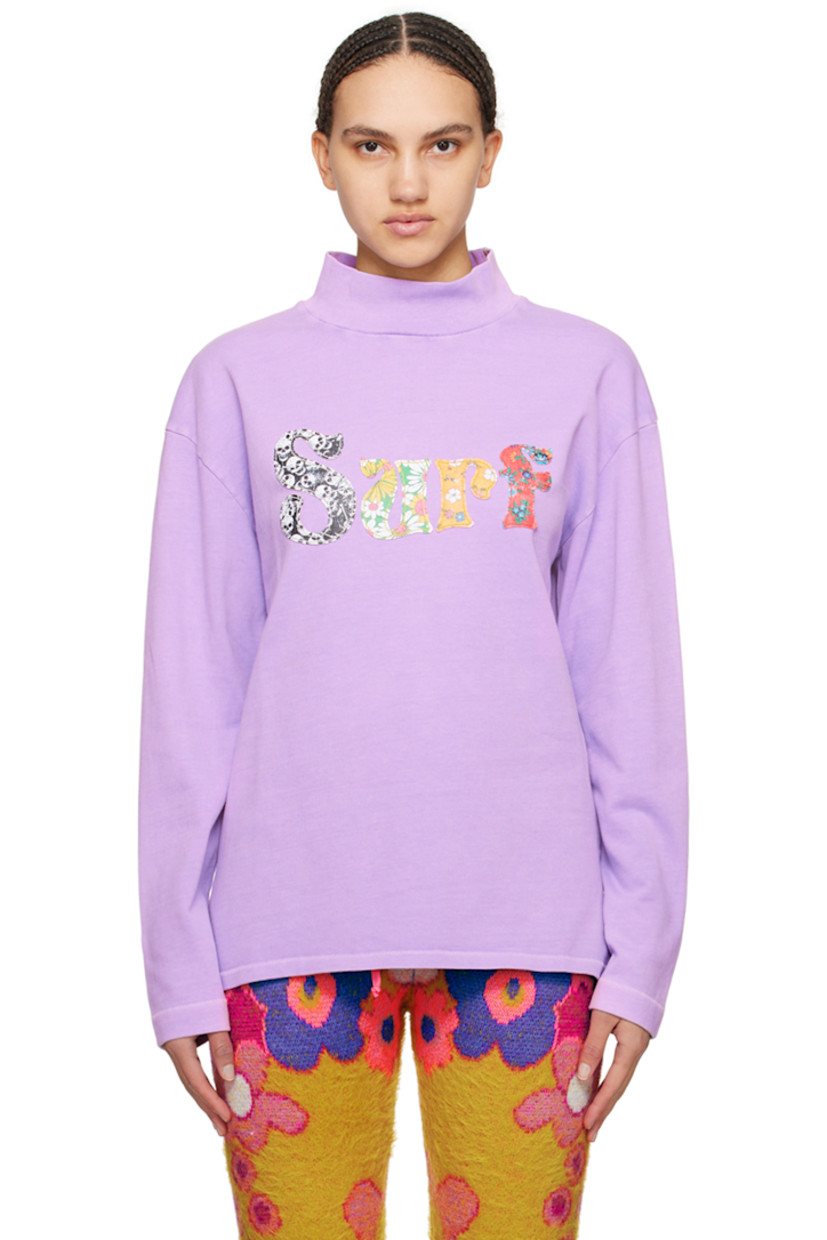 Cotton jersey T-shirt. 

· Rib knit mock neck
· Graphic appliqués at front
· Vented side seams
· Dropped shoulders

Supplier color: Purple