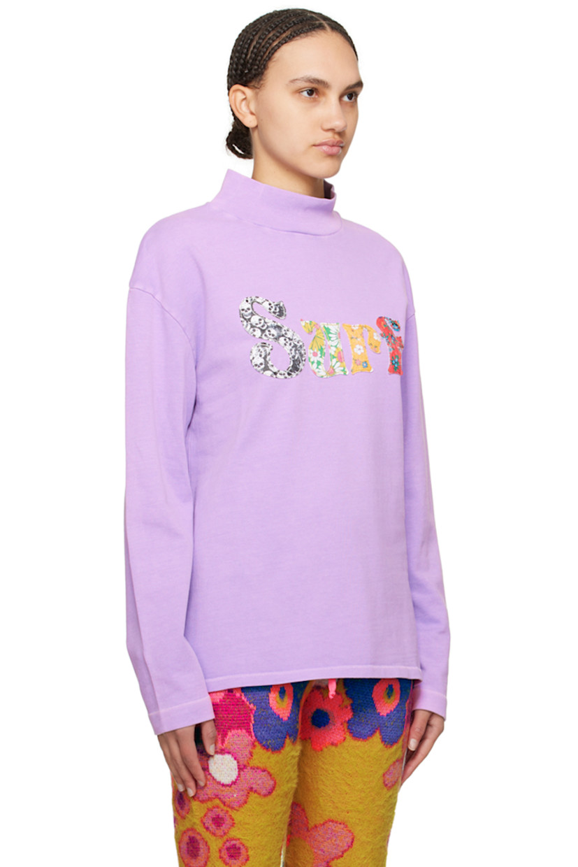 Cotton jersey T-shirt. 

· Rib knit mock neck
· Graphic appliqués at front
· Vented side seams
· Dropped shoulders

Supplier color: Purple