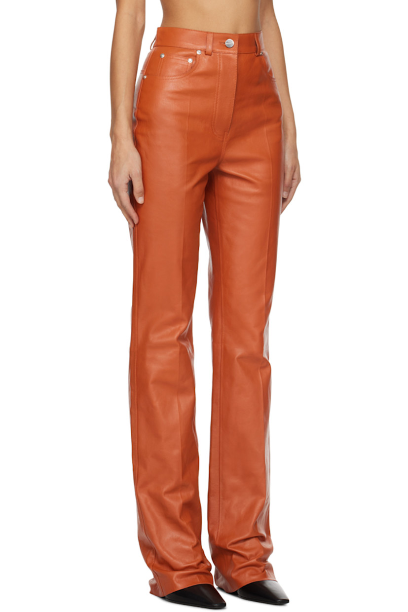 Flared buffed lambskin pants. 

· High rise
· Belt loops
· Five-pocket styling 
· Zip-fly 
· Central creases at front and back 
· Logo patch at back waistband

Supplier color: Terracotta