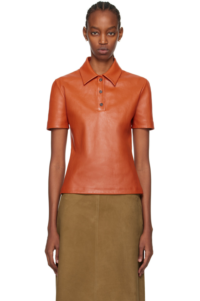 Grained nappa lambskin polo.

· Spread collar
· Three-button placket
· Unlined

Supplier color: Terracotta