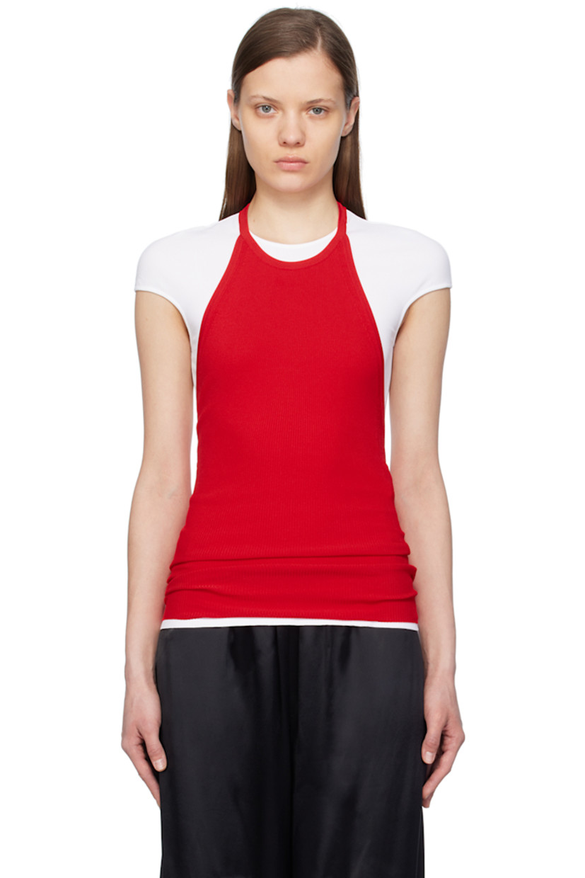 Knit and rib knit viscose- and polyester-blend T-shirt.

· Layered construction
· Crewneck
· Halter strap
· Cap sleeves
· Logo hardware at back collar

Supplier color: New red/Optic white