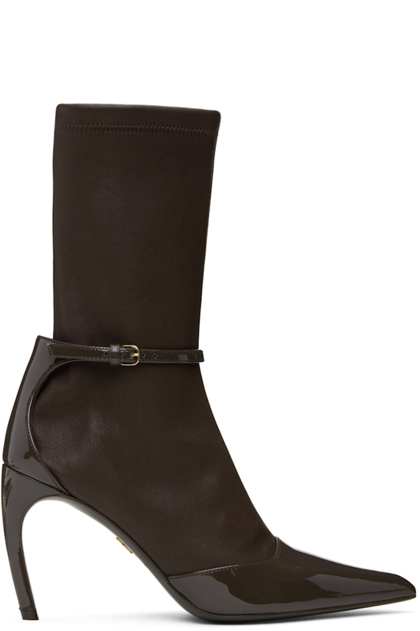 Ankle-high stretch grained nappa leather and patent calfskin boots in brown.

· Paneled and layered construction
· Pointed toe
· Pin-buckle ankle strap
· Zip closure at inner side
· Jersey lining
· Covered stiletto heel with rubber injection
· Leather sole
· Heel: H3.25"

Supplier color: Testa di moro