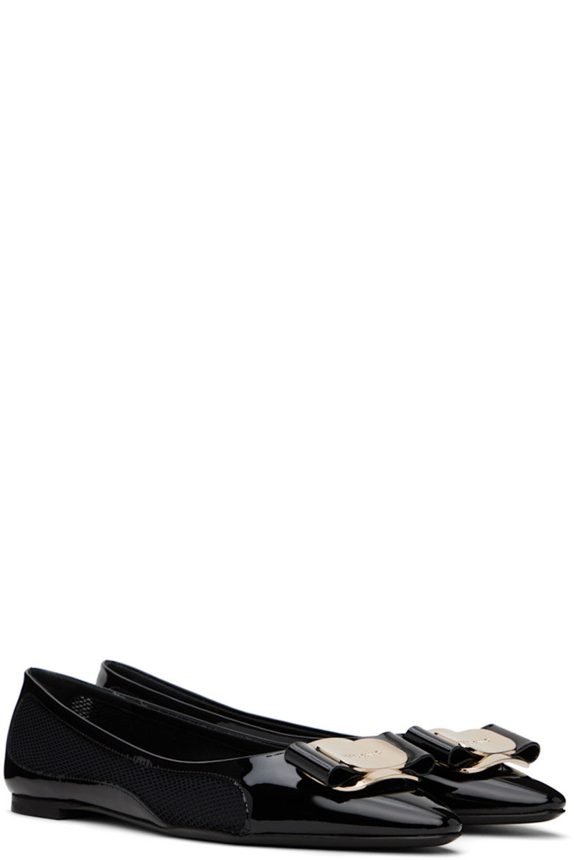 Paneled patent calfskin and mesh ballerina flats in black.

· Pointed toe
· Logo plaque and bow accent at vamp
· Suede and buffed leather lining
· Leather sole with rubber injection
· Logo-engraved gold-tone hardware

Supplier color: Nero